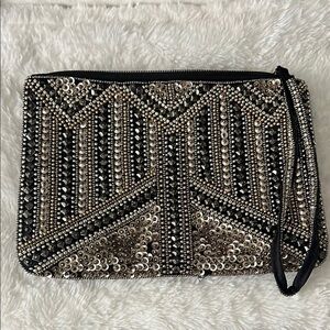 RSVP Black and Silver Beaded Clutch Purse for Women, Elegant Evening Handbag
